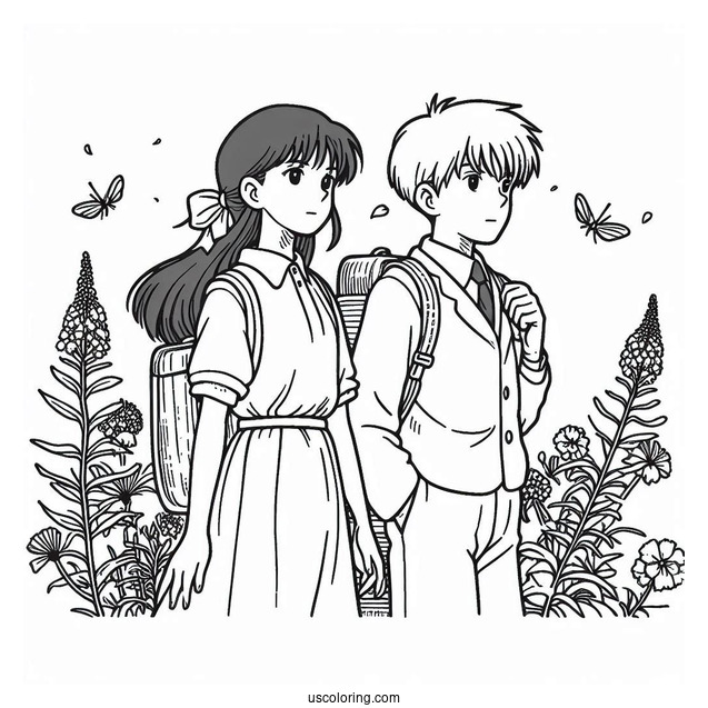 Studio Ghibli Coloring Page of Outline Of Seita And Setsuko From Grave Of The Fireflies