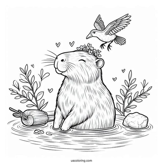 Bathing Capybara Coloring Page With Bird On Its Head
