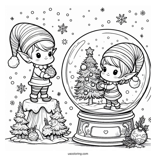 Cute Elves Decorating A Christmas Tree Snow Globe Coloring Page