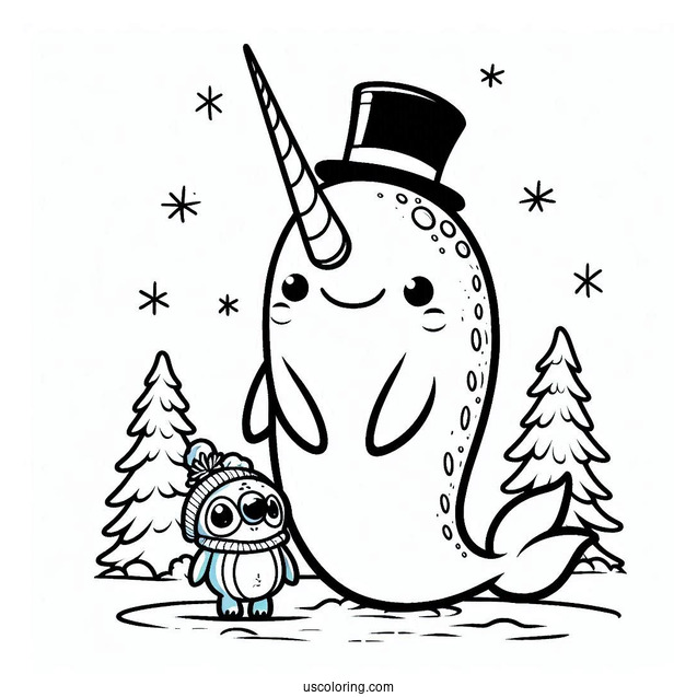 Narwhal Coloring Page With Top Hat Standing With Stitch In The Snow