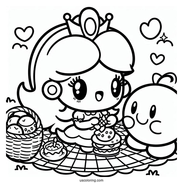 Cute Princess Daisy Coloring Page Having Picnic With Kirby