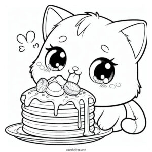 Cute Cat Drooling Over Pancake Coloring Page