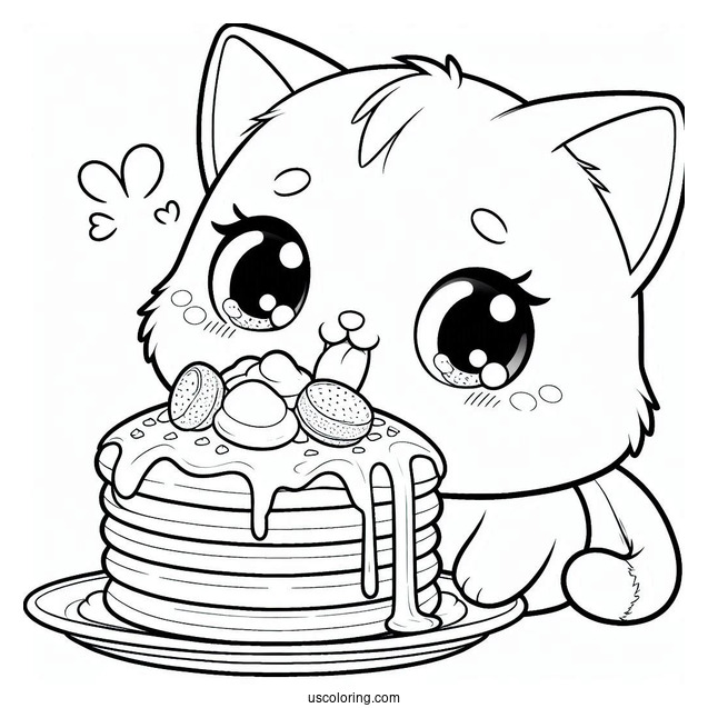 Cute Cat Drooling Over Pancake Coloring Page