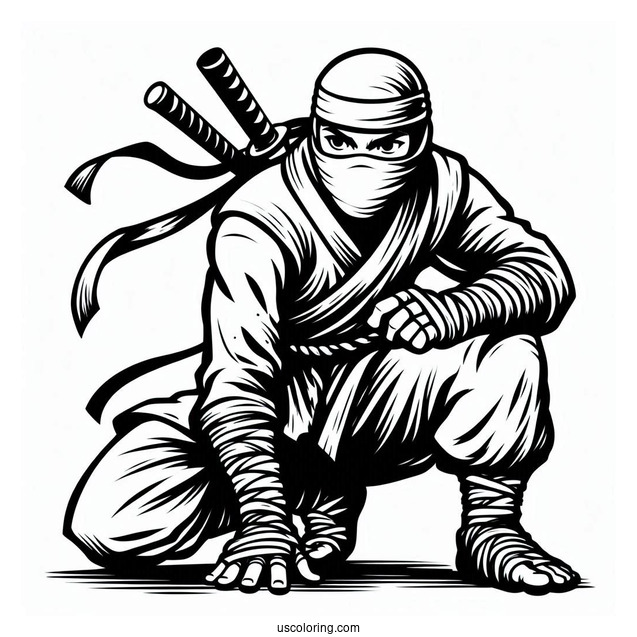 Detailed Ninja Crouching Low Coloring Sheet