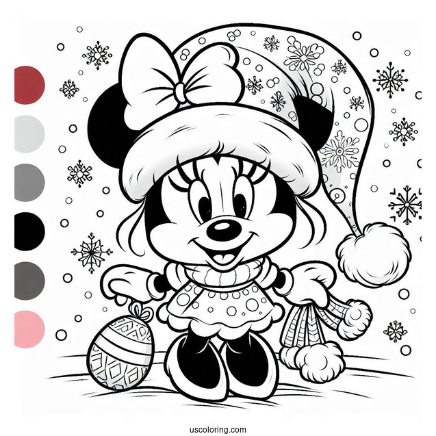 Minnie Mouse Wearing Santa Hat In Snow To Color