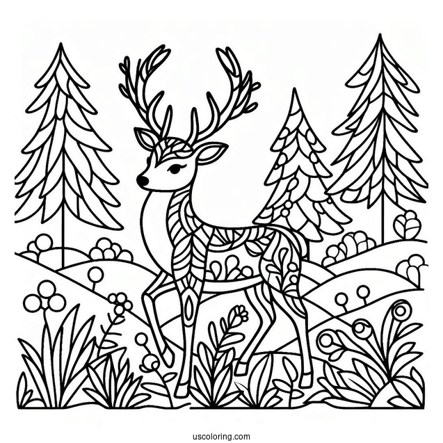Simple Reindeer In The Forest Stained Glass Coloring Page