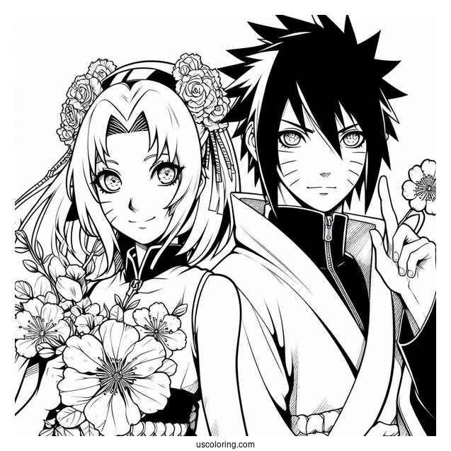 Sakura And Sasuke Coloring Page In Modern Clothes