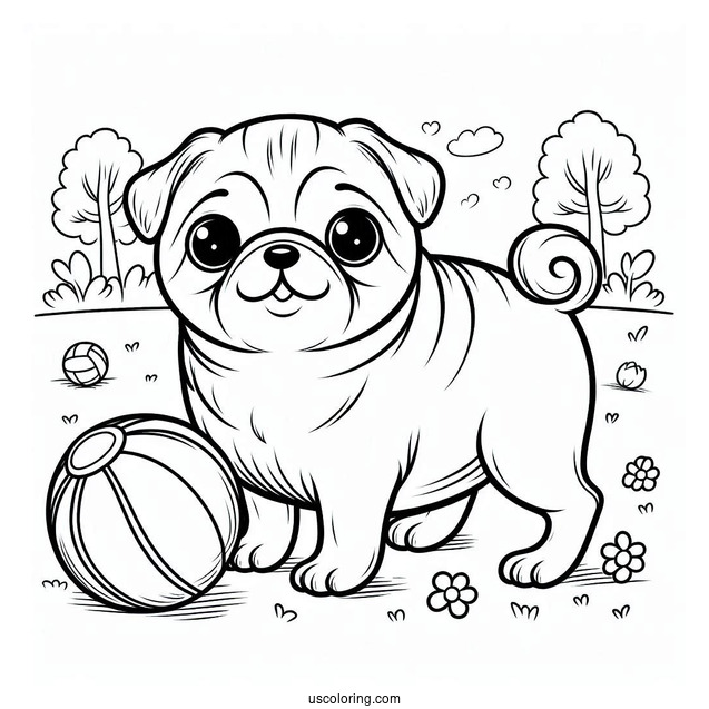 Cute Pug Coloring Page and Ball in the Park For Kids