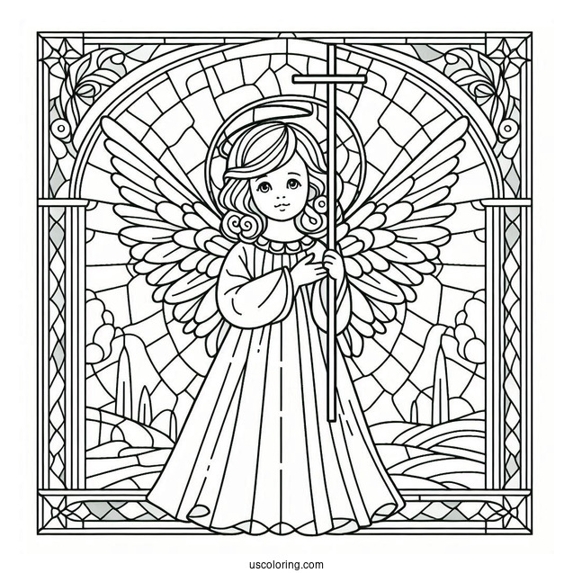 Angel Standing In Front Of A Cross Stained Glass Coloring Page