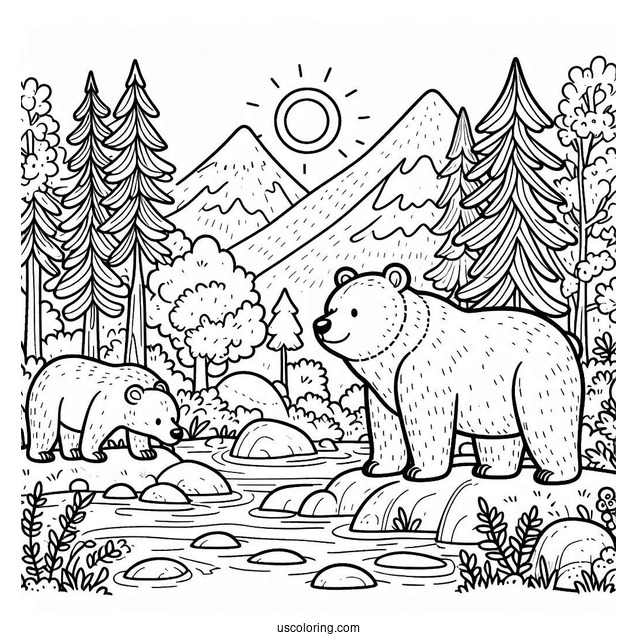 Easy Adult Bear Coloring Page Standing In Forest For Kids