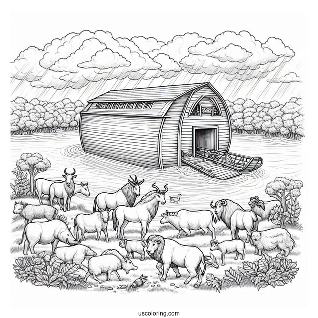 Realistic Noah's Ark Coloring Page With Animals Leaving The Ark