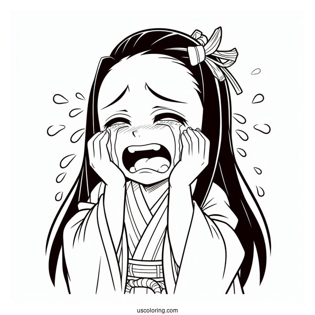 Nezuko Coloring Page Holding Head While Crying