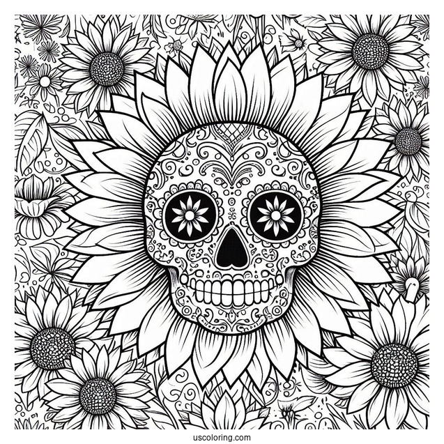 Sunflower Themed Sugar Skulls Coloring Page With Floral Background