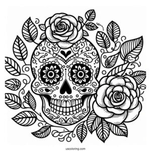 Smiling Sugar Skull Coloring Page Rose Wreath With Leaf Patterns