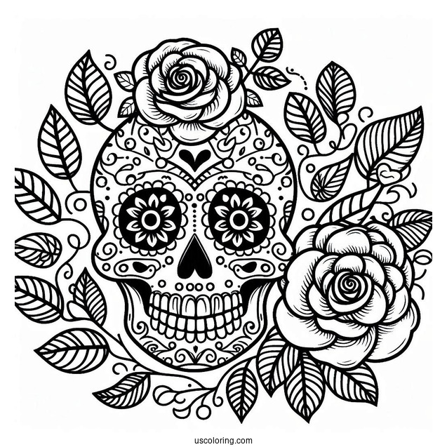 Smiling Sugar Skull Coloring Page Rose Wreath With Leaf Patterns
