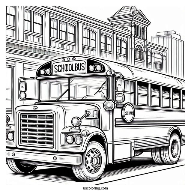 Classic School Bus Coloring Page in Front of A Building
