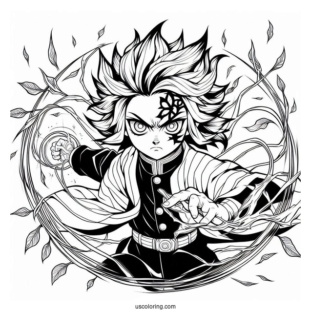 Tanjiro Coloring Page Using His Powers In Battle