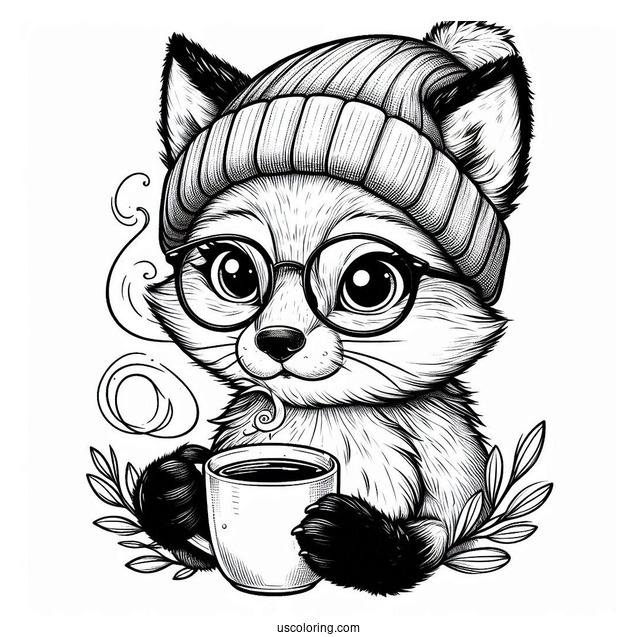Smart Fox With A Beanie And Glasses Drinking Tea