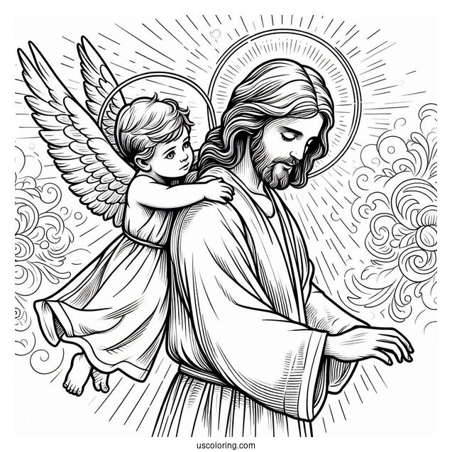 Holy Jesus Coloring Page With A Halo Carrying A Little Boy
