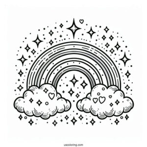 Sparkling Rainbow In Cloudy Sky Coloring Sheet
