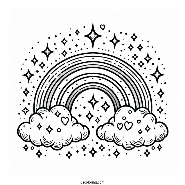 Sparkling Rainbow In Cloudy Sky Coloring Sheet