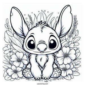 Furry Rabbit Coloring Page With Stitch Surrounded By Flowers