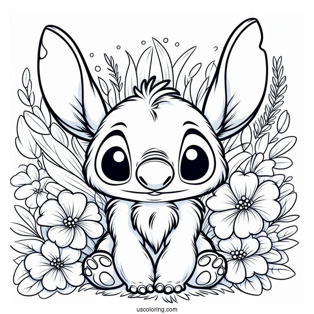 Furry Rabbit Coloring Page With Stitch Surrounded By Flowers
