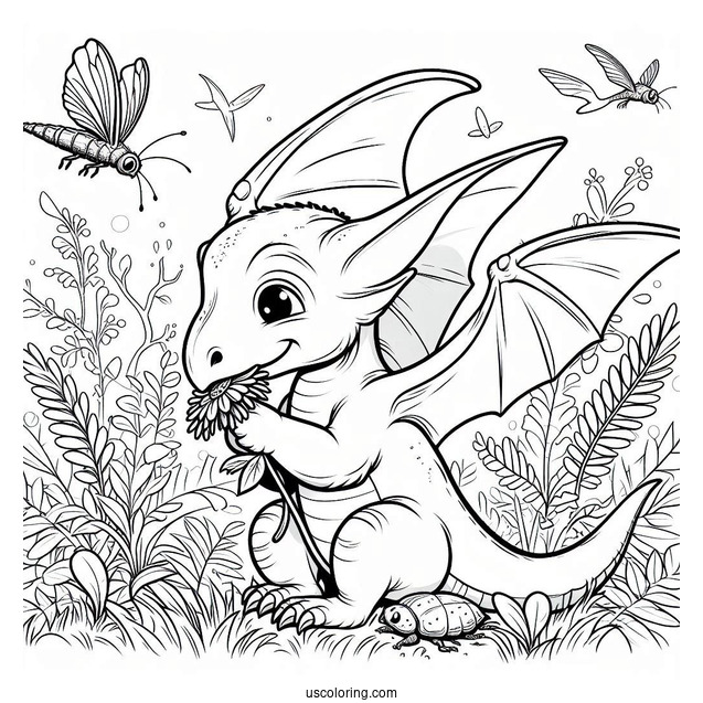 Baby Pterodactyl Coloring Page Eating Bug