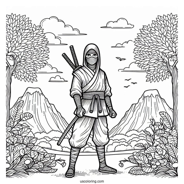 Seasoned Ninja In A Garden With Mountain Landscape