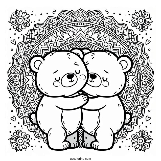 Two Cartoon Bear Coloring Page Hugging In Front Of Mandala