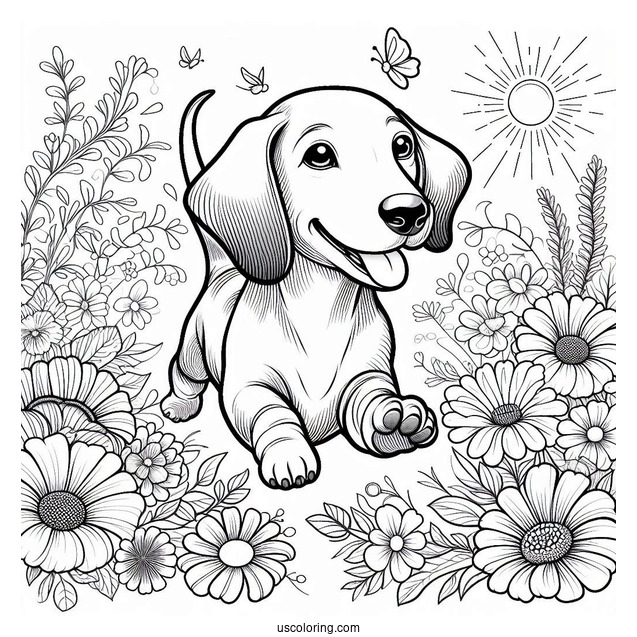 Dachshund Coloring Page Running In Flower Garrden