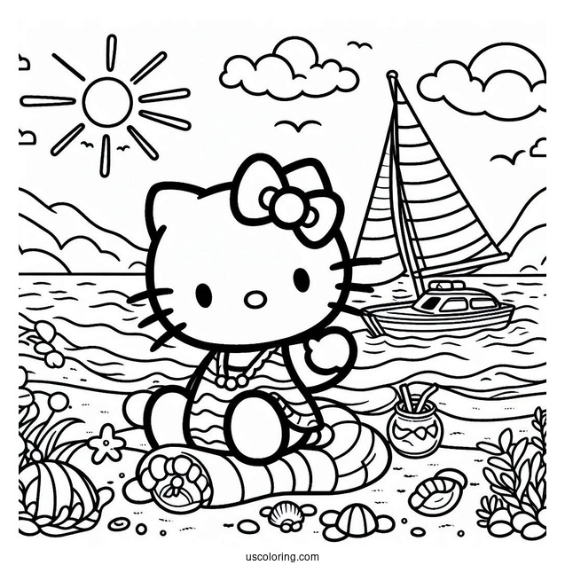 Pretty Hello Kitty At The Beach With A Sailboat Behind Her
