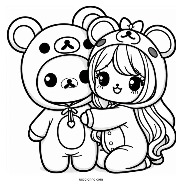 Friends Hugging Rilakkuma Coloring Page In Onesie Costume For Kids