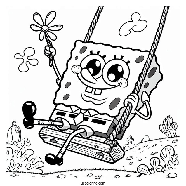 Fun SpongeBob Coloring Page Swinging From A Rope