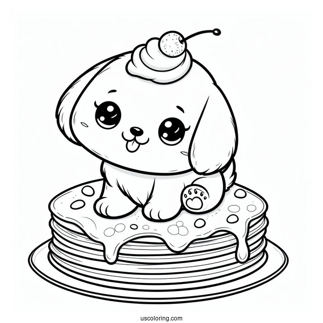 Cartoon Puppy Topping On Fluffy Pancake Coloring Page