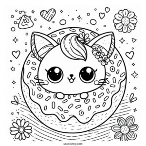 Cute Cat Donut Coloring Page For Preschoolers