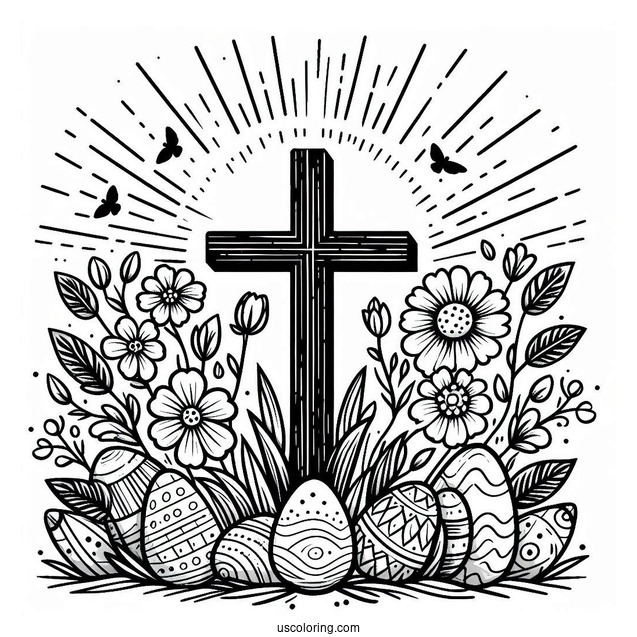 Easter Coloring Page Of Cross With Flowers And Sun On Easter For Kids