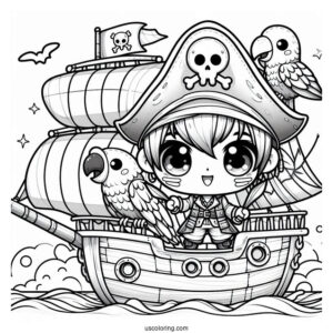 Adorable Chibi Pirates On A Pirate Ship Coloring Page With A Parrot