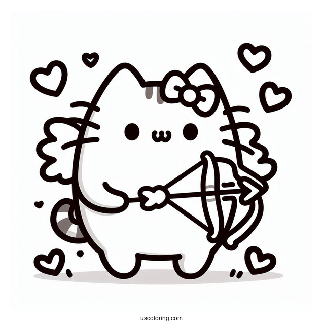Pusheen Cupid With Bow And Love Hearts To Color