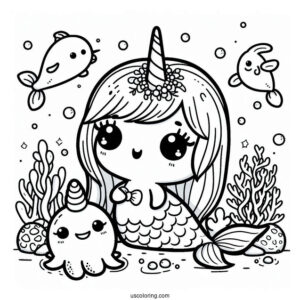 Kawaii Mermaid And Narwhal Coloring Page Under The Sea