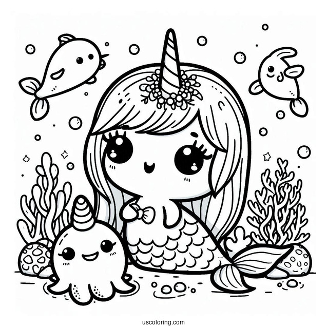 Kawaii Mermaid And Narwhal Coloring Page Under The Sea