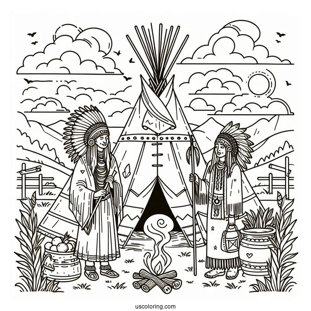 Native American Coloring Page Chief And His Wife Sitting Outside Tepee