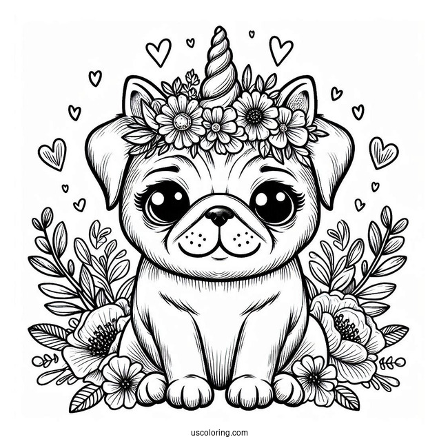 Adorable Pug Coloring Page Wearing a Unicorn Horn and Flower Crown