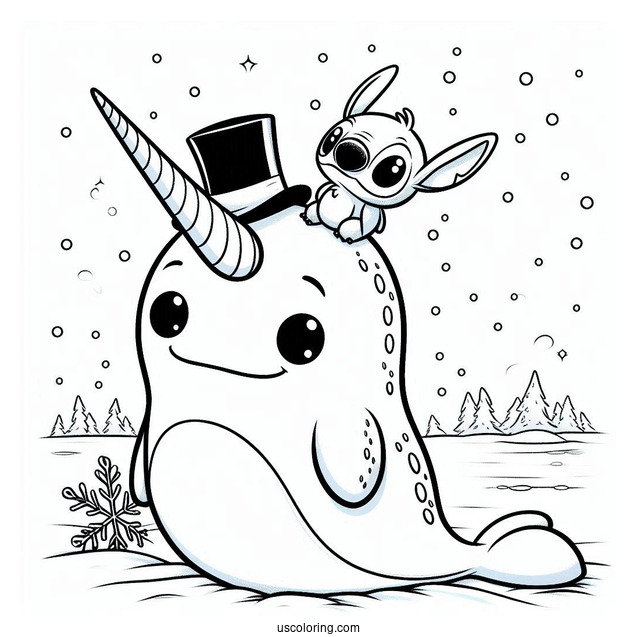 Narwhal Coloring Page With Top Hat Standing With Stitch In The Snow