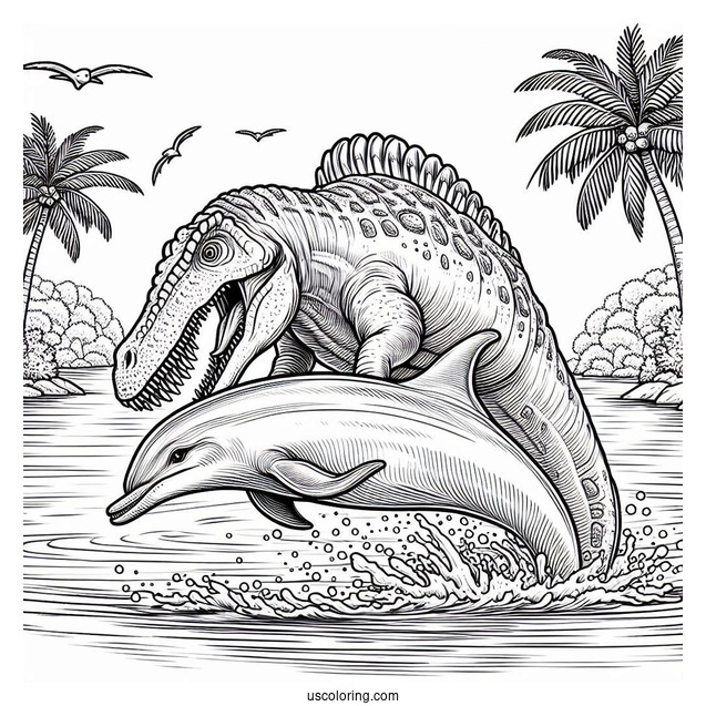 Spinosaurus Coloring Page Biting A River Dolphin