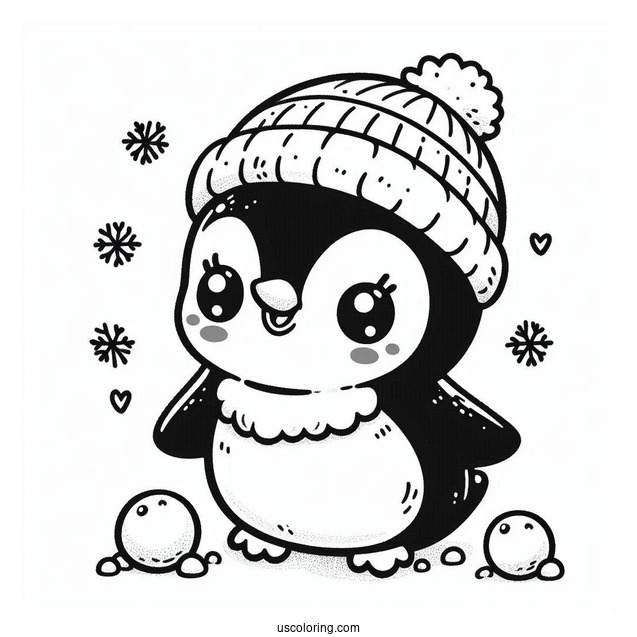 Cute Baby Penguin With Snow Balls Coloring In