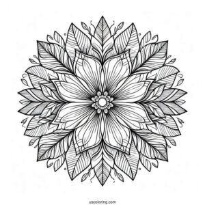 Detailed Flower Mandala With Loose Petals And Leaves Coloring Page