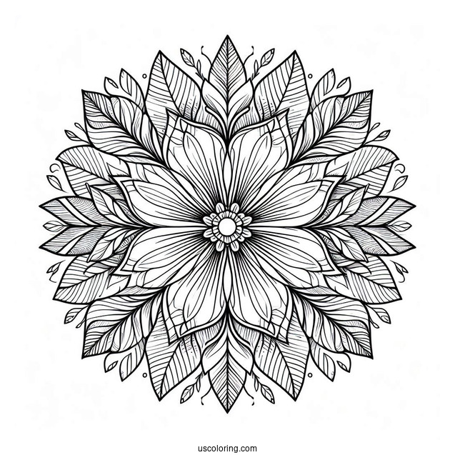 Detailed Flower Mandala With Loose Petals And Leaves Coloring Page