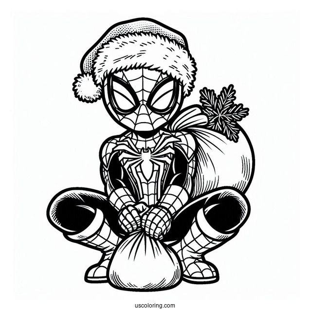 Christmas Spider-Man With Santa Sack To Color