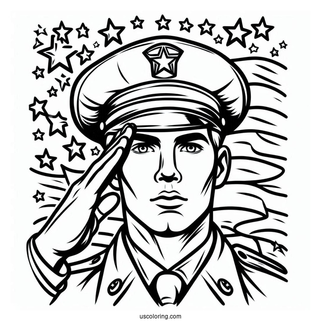American Soldier Coloring Page Saluting With Stars In Background